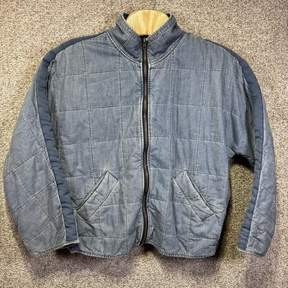 Free People Jacket Womens Small Blue Quilted Denim Full Zip Elastic Hem Padded